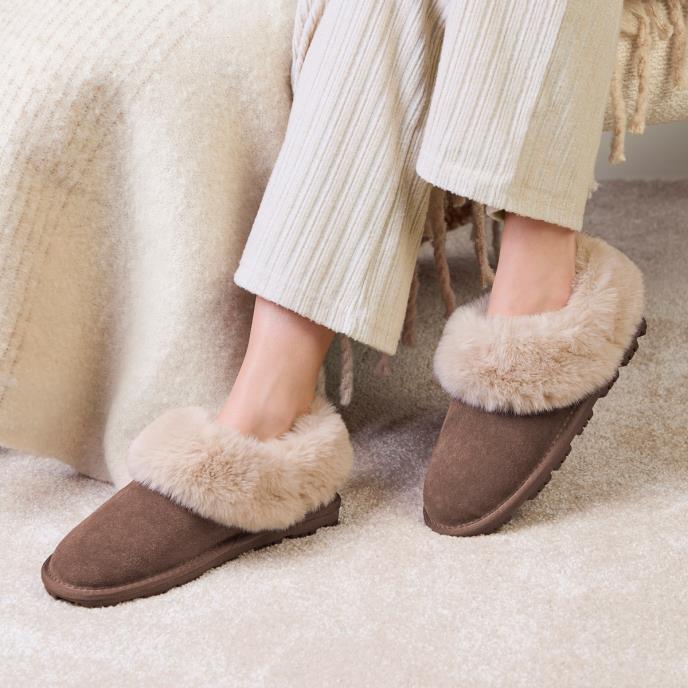 Isotoner® Ladies Suede Bootie With Fur Cuff Brown